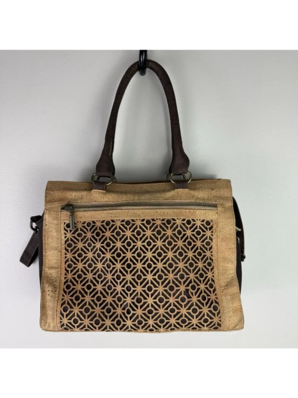 Natural Cork Satchel Bag 1SZ Tan Brown Laser Cut Portugal Vegan Eco Granola Boho